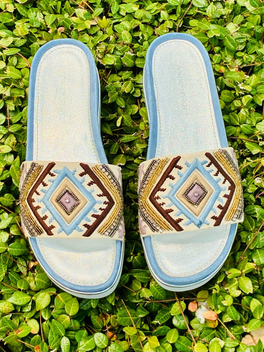 Donald J. Pliner Light Blue Embroidered Bead Slide Sandals